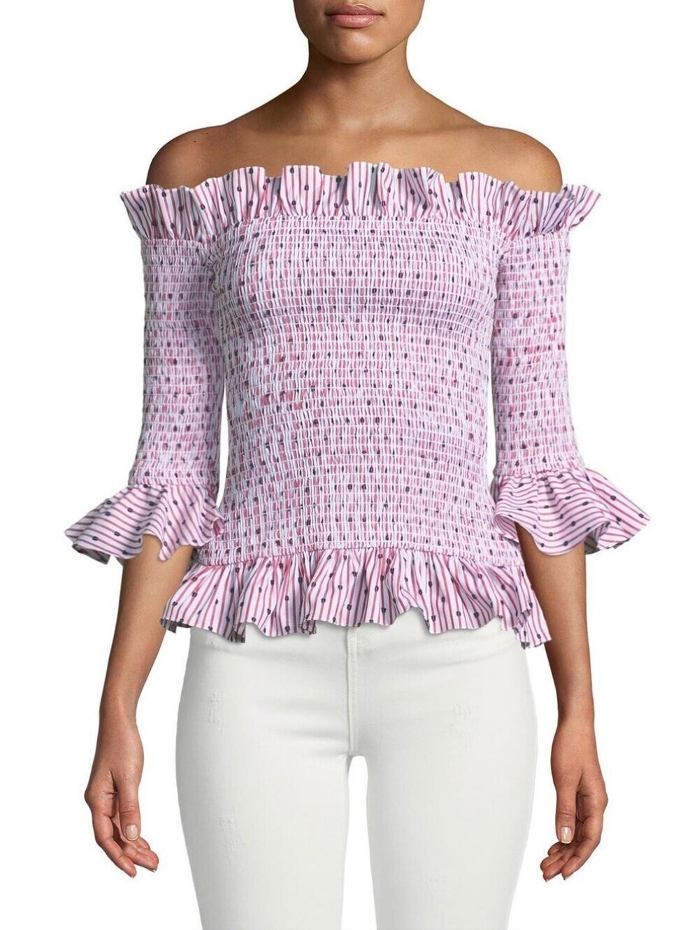 Caroline Constas Red Printed Smocked Off-The-Shoulder Ruffle Crop Top XS NWOT